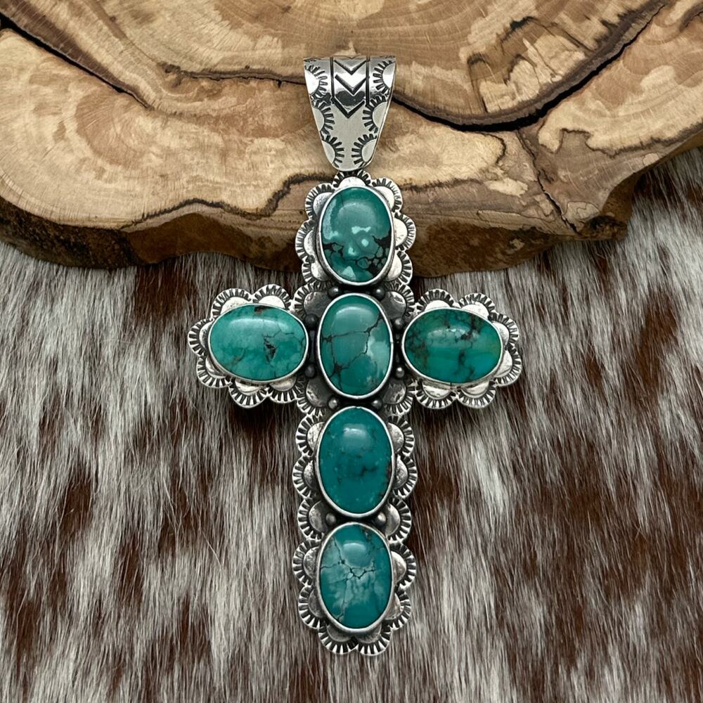 FEDERICO JIMENEZ Sterling Silver & Natural Dreamy Green Turquoise Cross Pendant